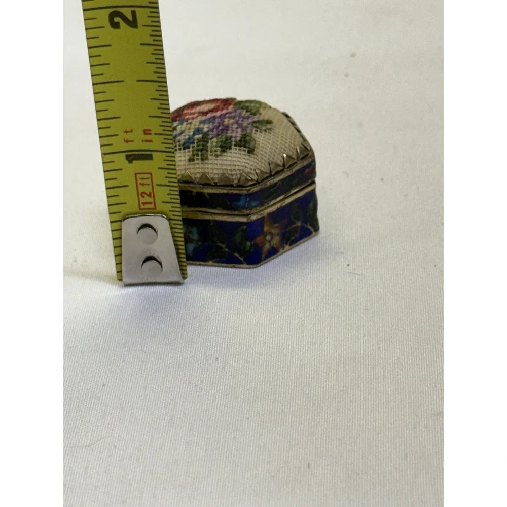 VTG Trinket Pill Gift Box Needlepoint Petti Point Cloisonne Hexagon Brass Box